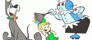 Empregada dos Jetsons, Rosie, limpando o cachorro e o garoto