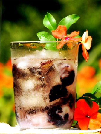 Drink de jabuticaba com uma flor dentro