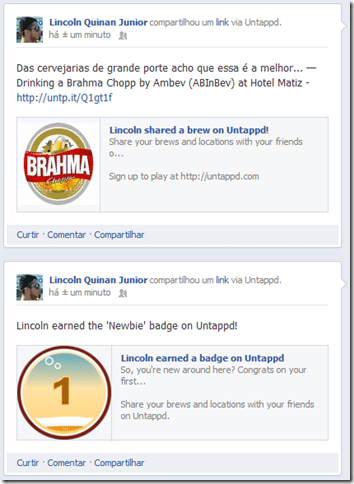 Exemplo de postagem do Untappd no Facebook