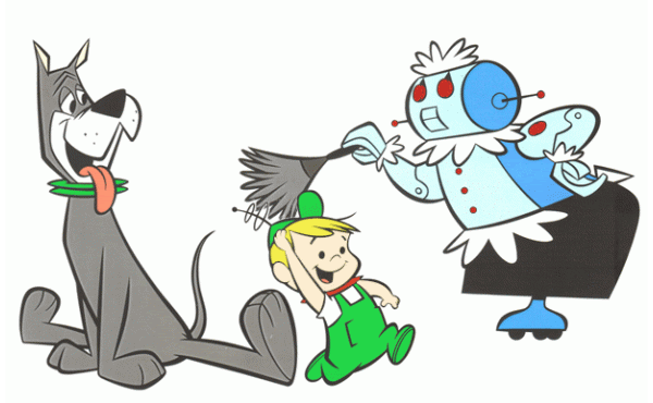 Empregada dos Jetsons, Rosie, limpando o cachorro e o garoto
