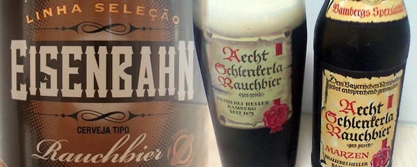 Garrafas das cervejas Aecht Schlenkerla e Eisenbahn Rauchbier