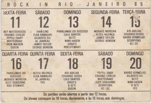 Programação do Rock in Rio 1985