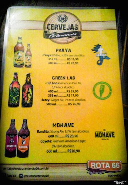 cardapio com as cervejas do rota 66